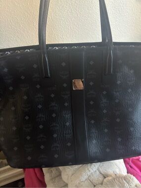 MCM Black Monogram Leather Tote with Silver Plaque